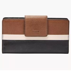 Fossil Emma Clutch Wallet Colorblock Leather Brown Black Cream Classic Slim